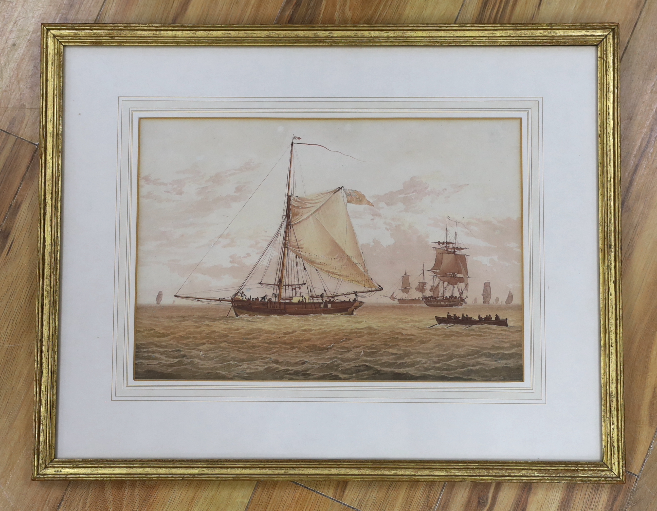 19th century English school, Marine watercolour, sunset shipping, 36cm x 24cm